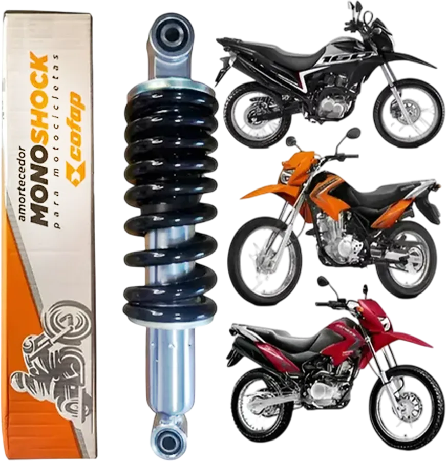 Amortecedor Monoshock Cofap com caixa, ao lado de três Honda Bros